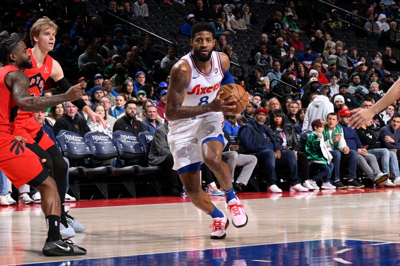 PHILADELPHIA, PA - FEBRUARY 11:   Paul George #8 of the Philadelphia 76ers dribbles the ball during the game against the Toronto Raptors on February 11, 2025 at the Wells Fargo Center in Philadelphia, Pennsylvania NOTE TO USER: User expressly acknowledges and agrees that, by downloading and/or using this Photograph, user is consenting to the terms and conditions of the Getty Images License Agreement. Mandatory Copyright Notice: Copyright 2025 NBAE (Photo by David Dow/NBAE via Getty Images)