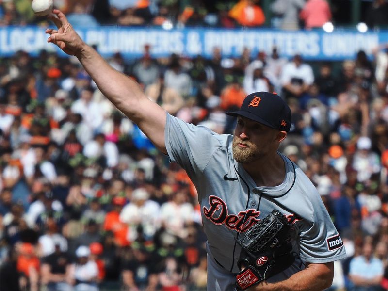 Aug 11, 2024; San Francisco, California, USA; Detroit Tigers relief pitcher Will Vest (19) pitches the ball against the San Francisco Giants during the ninth inning at Oracle Park. Mandatory Credit: Kelley L Cox-USA TODAY Sports