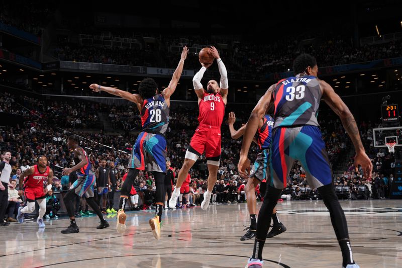 BROOKLYN, NY - JANUARY 27: Dillon Brooks #9 of the Houston Rockets shoots the ball during the game against the Brooklyn Nets on January 27, 2024 at Barclays Center in Brooklyn, New York. NOTE TO USER: User expressly acknowledges and agrees that, by downloading and or using this Photograph, user is consenting to the terms and conditions of the Getty Images License Agreement. Mandatory Copyright Notice: Copyright 2024 NBAE (Photo by Jesse D. Garrabrant/NBAE via Getty Images)