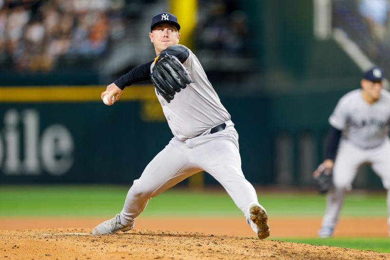Sep 4, 2024; Arlington, Texas, USA; New York Yankees pitcher Mark Leiter Jr. (38) comes on to pitch during the sixth inning against the Texas Rangers at Globe Life Field. Mandatory Credit: Andrew Dieb-Imagn Images