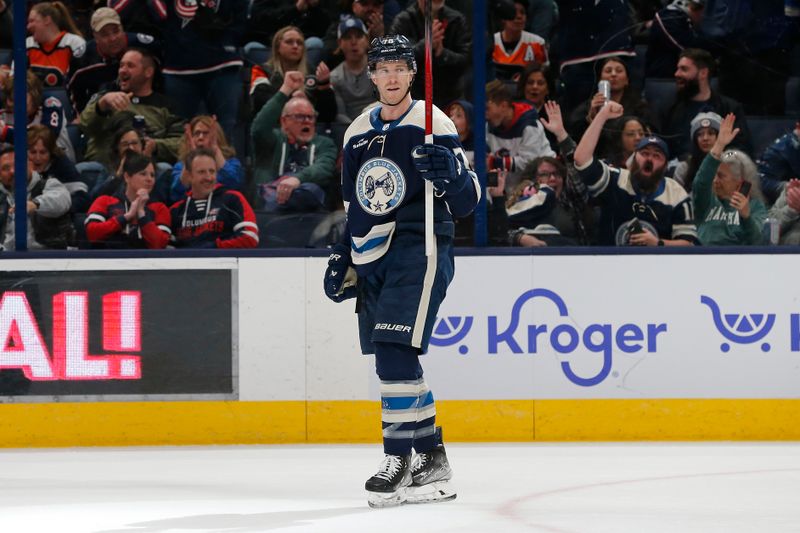 Apr 6, 2024; Columbus, Ohio, USA; Columbus Blue Jackets defenseman Damon Severson (78) celebrates his goal against the Philadelphia Flyers during the first period at Nationwide Arena. Mandatory Credit: Russell LaBounty-USA TODAY Sports