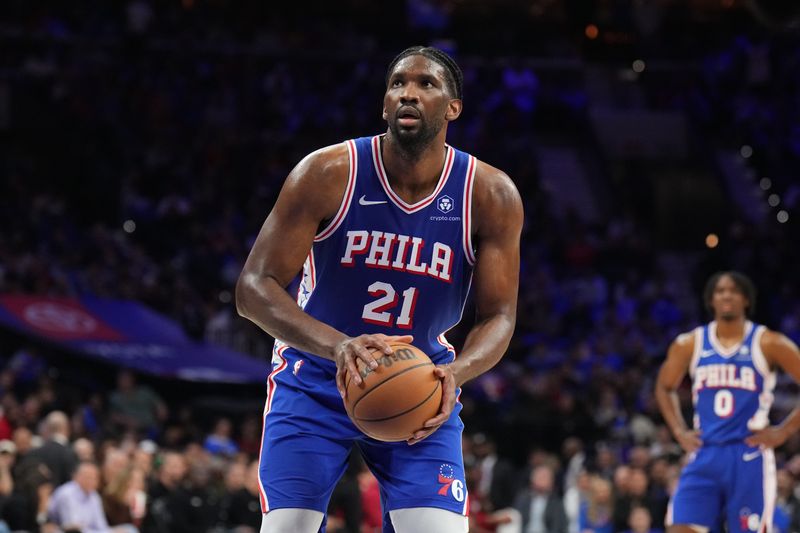 PHILADELPHIA, PA - APRIL 17: Joel Embiid #21 of the Philadelphia 76ers shoots the ball during the game against the Miami Heat during the 2024 NBA Play-In Tournament on April 17, 2024 at the Wells Fargo Center in Philadelphia, Pennsylvania NOTE TO USER: User expressly acknowledges and agrees that, by downloading and/or using this Photograph, user is consenting to the terms and conditions of the Getty Images License Agreement. Mandatory Copyright Notice: Copyright 2024 NBAE (Photo by Jesse D. Garrabrant/NBAE via Getty Images)