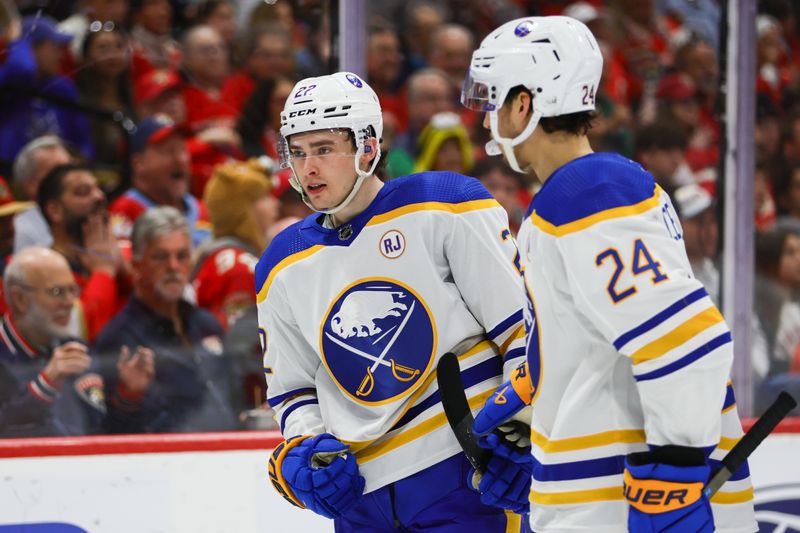 Apr 13, 2024; Sunrise, Florida, USA; Buffalo Sabres right wing Jack Quinn (22) reacts after scoring against the Florida Panthers during the first period at Amerant Bank Arena. Mandatory Credit: Sam Navarro-USA TODAY Sports