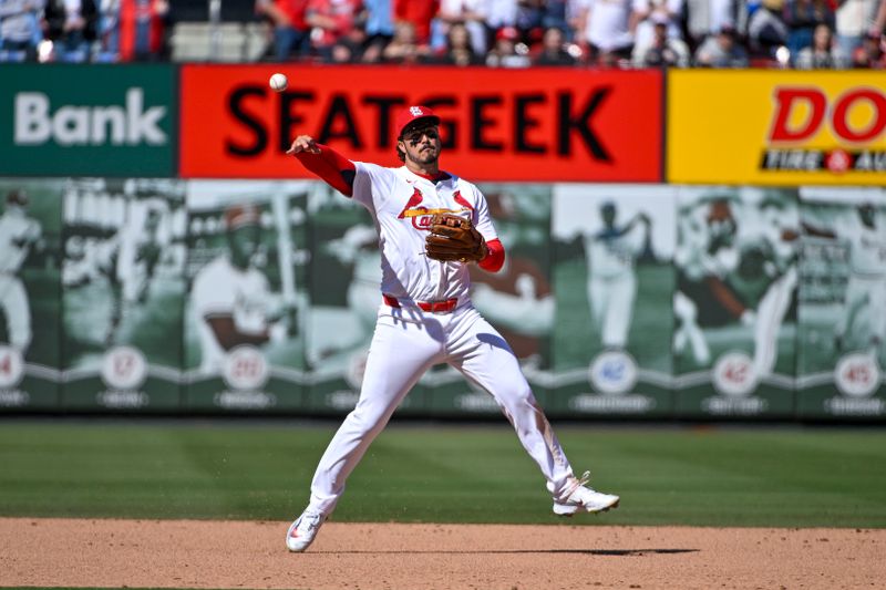 Apr 6, 2024; St. Louis, Missouri, USA;  St. Louis Cardinals third baseman Nolan Arenado (28) throws on the run against the Miami Marlins during the ninth inning at Busch Stadium. Mandatory Credit: Jeff Curry-USA TODAY Sports