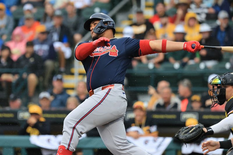 Mar 12, 2026; Bradenton, Florida, USA;  Atlanta Braves designed hitter Jair Camargo (73)  hits a home run during the third inning against the Pittsburgh Pirates at LECOM Park. Mandatory Credit: Kim Klement Neitzel-Imagn Images