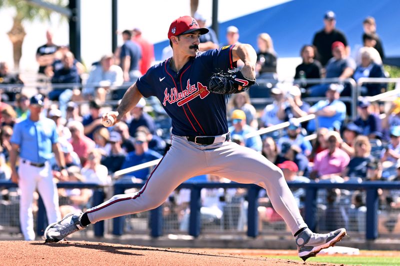 Feb 24, 2024; Port Charlotte, Florida, USA;  Atlanta Braves pitcher Spencer Strider (99) throws a pitch in the first inning of a spring training game against the Tampa Bay Rays at Charlotte Sports Park. Mandatory Credit: Jonathan Dyer-USA TODAY Sports