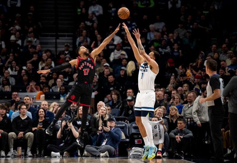 MINNEAPOLIS, MINNESOTA - APRIL 3: Kyle Anderson #1 of the Minnesota Timberwolves shoots a three point shot over defender Garrett Temple #17 of the Toronto Raptors in the second quarter of the game at Target Center on April 3, 2024 in Minneapolis, Minnesota. NOTE TO USER: User expressly acknowledges and agrees that, by downloading and or using this photograph, User is consenting to the terms and conditions of the Getty Images License Agreement. (Photo by Stephen Maturen/Getty Images)