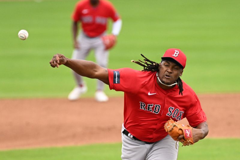 Mar 22, 2024; Dunedin, Florida, USA; Boston Red Sox relief pitcher Melvin Don (80) throws a pitch in the third inning of the spring training game against the Toronto Blue Jays  at TD Ballpark. Mandatory Credit: Jonathan Dyer-USA TODAY Sports