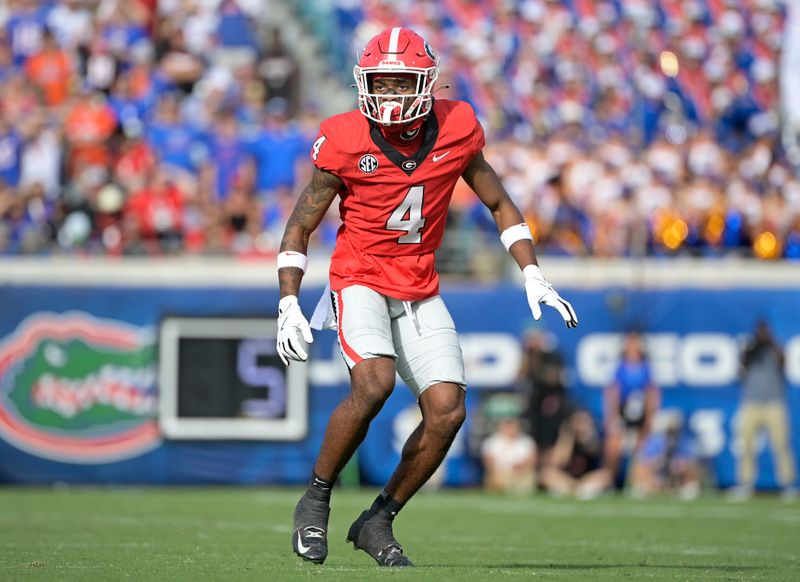 Nov 2, 2024; Jacksonville, Florida, USA; Georgia Bulldogs defensive back KJ Bolden (4) during the first half against the Florida Gators at EverBank Stadium. Mandatory Credit: Melina Myers-Imagn Images