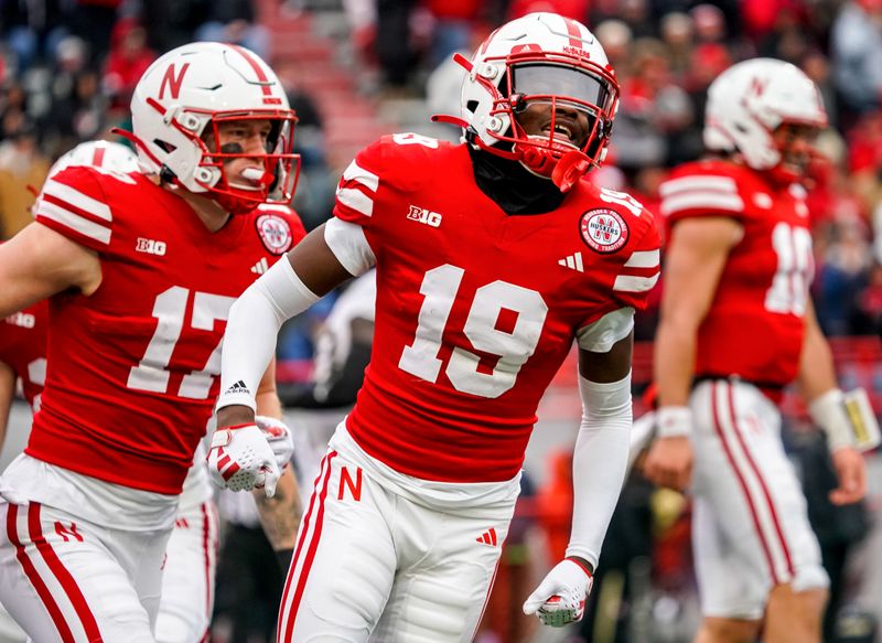 Oct 28, 2023; Lincoln, Nebraska, USA; Nebraska Cornhuskers wide receiver Jaylen Lloyd (19) celebrates after scoring a touchdown against the Purdue Boilermakers during the second quarter at Memorial Stadium. Mandatory Credit: Dylan Widger-USA TODAY Sports