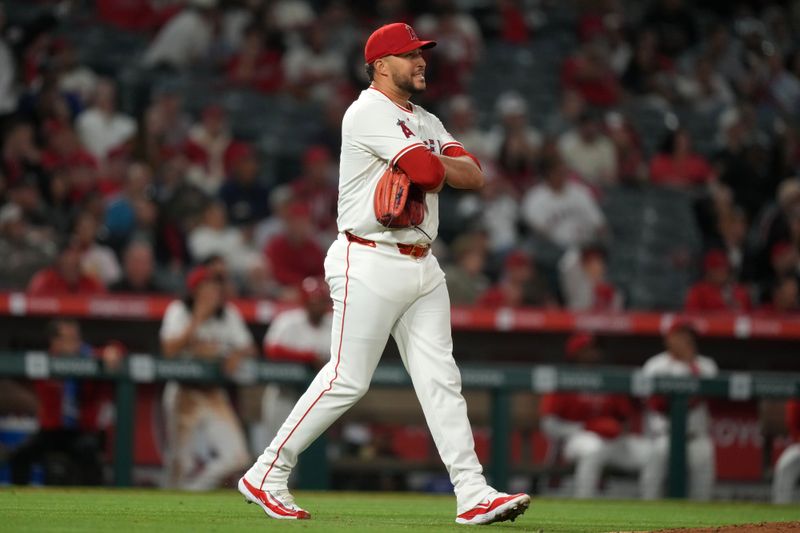 Apr 30, 2024; Anaheim, California, USA; Los Angeles Angels pitcher Carlos Estevez (53) reacts after surrendering a home run in the ninth inning against the Philadelphia Phillies at Angel Stadium. Mandatory Credit: Kirby Lee-USA TODAY Sports