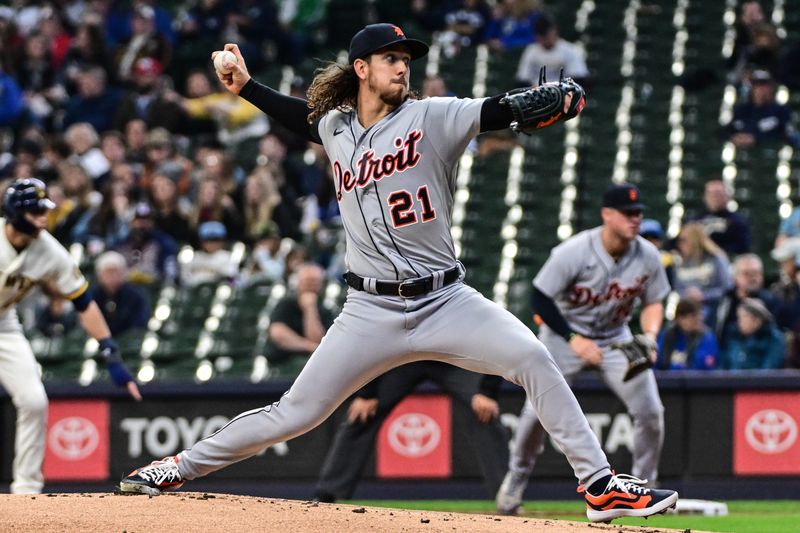 Apr 26, 2023; Milwaukee, Wisconsin, USA; Detroit Tigers pitcher Michael Lorenzen (21) throws a pitch in the first inning during game against the Milwaukee Brewers at American Family Field. Mandatory Credit: Benny Sieu-USA TODAY Sports