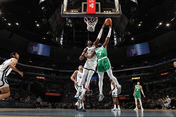 MEMPHIS, TN - NOVEMBER 19: Jaren Jackson Jr. #13 of the Memphis Grizzlies blocks a shot against the Boston Celtics on November 19, 2023 at FedExForum in Memphis, Tennessee. NOTE TO USER: User expressly acknowledges and agrees that, by downloading and or using this photograph, User is consenting to the terms and conditions of the Getty Images License Agreement. Mandatory Copyright Notice: Copyright 2023 NBAE (Photo by Joe Murphy/NBAE via Getty Images)