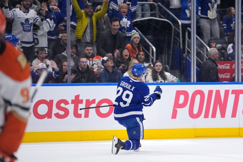 Mar 12, 2026; Toronto, Ontario, CAN; Toronto Maple Leafs forward Benoit-Olivier Groulx (29) reacts after scoring against the Anaheim Ducks during the third period at Scotiabank Arena. Mandatory Credit: John E. Sokolowski-Imagn Images