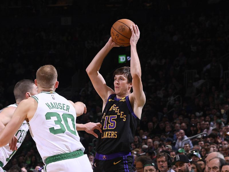 BOSTON, MA - FEBRUARY 1:  Austin Reaves #15 of the Los Angeles Lakers handles the ball during the game  against the Boston Celtics on February 1, 2024 at the TD Garden in Boston, Massachusetts. NOTE TO USER: User expressly acknowledges and agrees that, by downloading and or using this photograph, User is consenting to the terms and conditions of the Getty Images License Agreement. Mandatory Copyright Notice: Copyright 2024 NBAE  (Photo by Brian Babineau/NBAE via Getty Images)