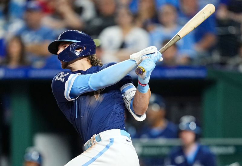 May 26, 2023; Kansas City, Missouri, USA; Kansas City Royals shortstop Bobby Witt Jr. (7) hits a home run during the seventh inning against the Washington Nationals at Kauffman Stadium. Mandatory Credit: Jay Biggerstaff-USA TODAY Sports