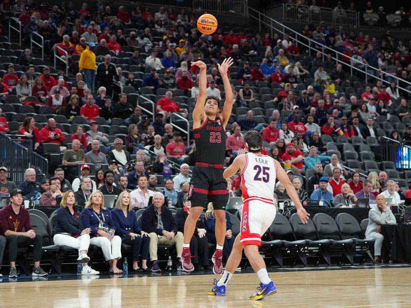 Mar 9, 2023; Las Vegas, NV, USA; Stanford Cardinal forward Brandon Angel (23) shoots over Arizona Wildcats guard Kerr Kriisa (25) during the first half at T-Mobile Arena. Mandatory Credit: Stephen R. Sylvanie-USA TODAY Sports