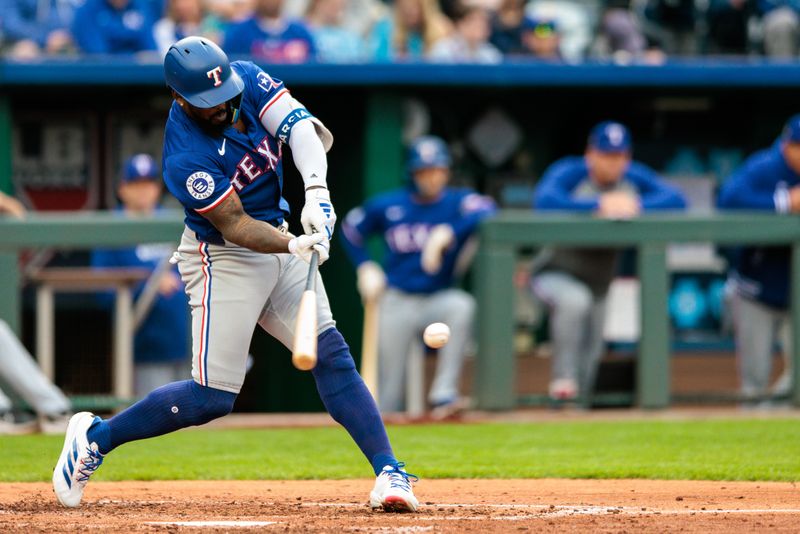 May 4, 2024; Kansas City, Missouri, USA; Texas Rangers outfielder Adolis García (53) at bat during the fourth inning against the Kansas City Royals at Kauffman Stadium. Mandatory Credit: William Purnell-USA TODAY Sports