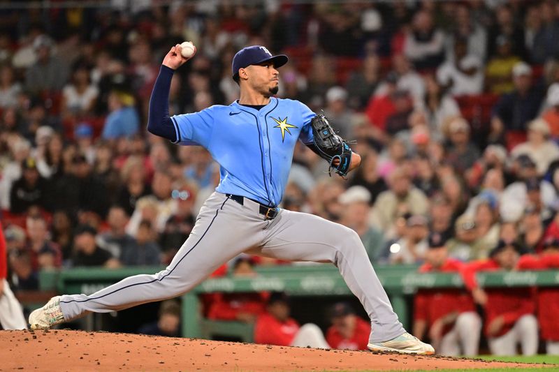 Sep 27, 2024; Boston, Massachusetts, USA; Tampa Bay Rays starting pitcher Taj Bradley (45) pitches against the Boston Red Sox during third inning at Fenway Park. Mandatory Credit: Eric Canha-Imagn Images