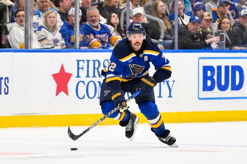 Nov 29, 2025; St. Louis, Missouri, USA; St. Louis Blues defenseman Justin Faulk (72) controls the puck against the Utah Mammoth during the second period at Enterprise Center. Mandatory Credit: Jeff Curry-Imagn Images