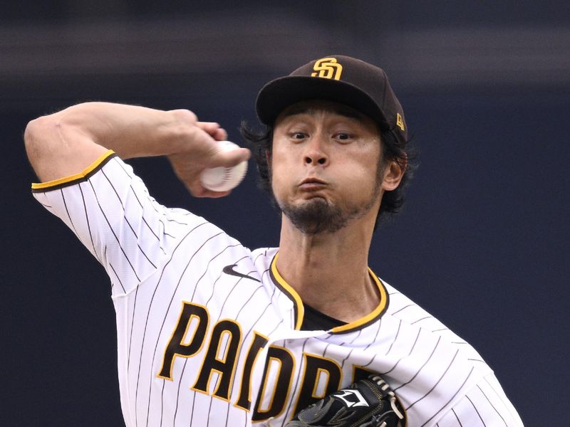 Aug 19, 2023; San Diego, California, USA; San Diego Padres starting pitcher Yu Darvish (11) throws a pitch against the Arizona Diamondbacks during the first inning at Petco Park. Mandatory Credit: Orlando Ramirez-USA TODAY Sports