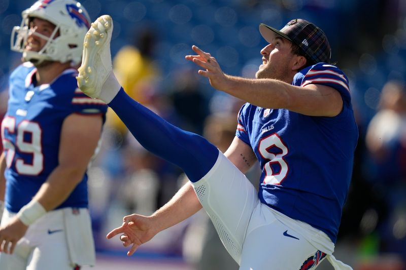 Buffalo Bills punter Sam Martin (8) warms up before an NFL football game against the Tennessee Titans, Sunday, Oct. 20, 2024, in Orchard Park, N.Y. (AP Photo/Charles Krupa)