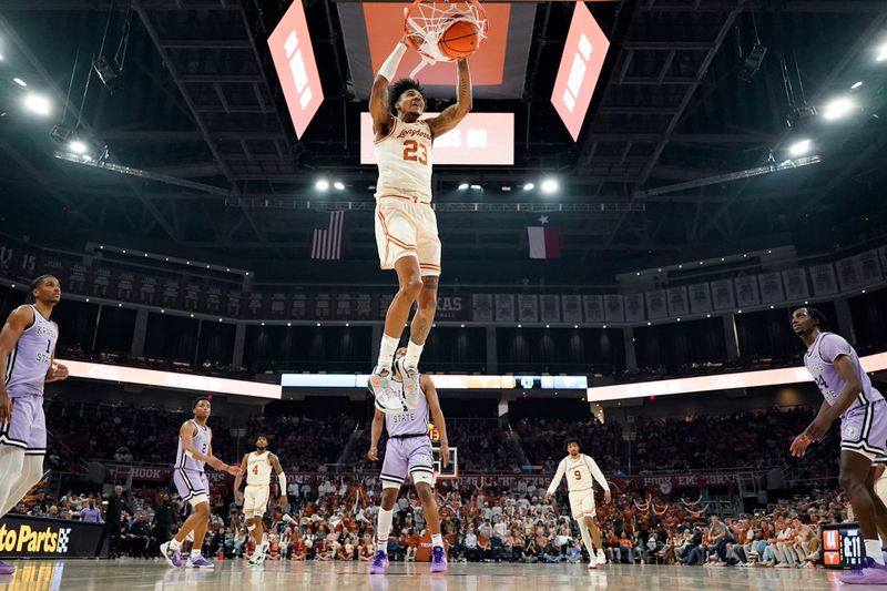 Feb 19, 2024; Austin, Texas, USA; Texas Longhorns forward Dillon Mitchell (23) dunks during the second half against the Kansas State Wildcats at Moody Center. Mandatory Credit: Scott Wachter-USA TODAY Sports