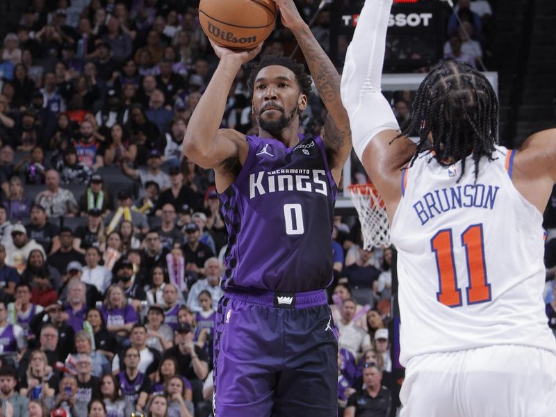 SACRAMENTO, CA - MARCH 16: Malik Monk #0 of the Sacramento Kings shoots the ball during the game against the New York Knicks on March 16, 2024 at Golden 1 Center in Sacramento, California. NOTE TO USER: User expressly acknowledges and agrees that, by downloading and or using this Photograph, user is consenting to the terms and conditions of the Getty Images License Agreement. Mandatory Copyright Notice: Copyright 2024 NBAE (Photo by Rocky Widner/NBAE via Getty Images)