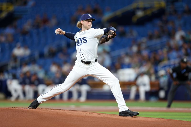 Aug 13, 2024; St. Petersburg, Florida, USA; Tampa Bay Rays pitcher Shane Baz (11) throws a pitch against the Houston Astros in the first inning at Tropicana Field. Mandatory Credit: Nathan Ray Seebeck-USA TODAY Sports