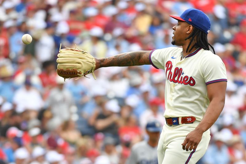 Jun 11, 2023; Philadelphia, Pennsylvania, USA; Philadelphia Phillies relief pitcher Gregory Soto (30) gets a new baseball after allowing a home run against the Los Angeles Dodgers during the sixth inning at Citizens Bank Park. Mandatory Credit: Eric Hartline-USA TODAY Sports