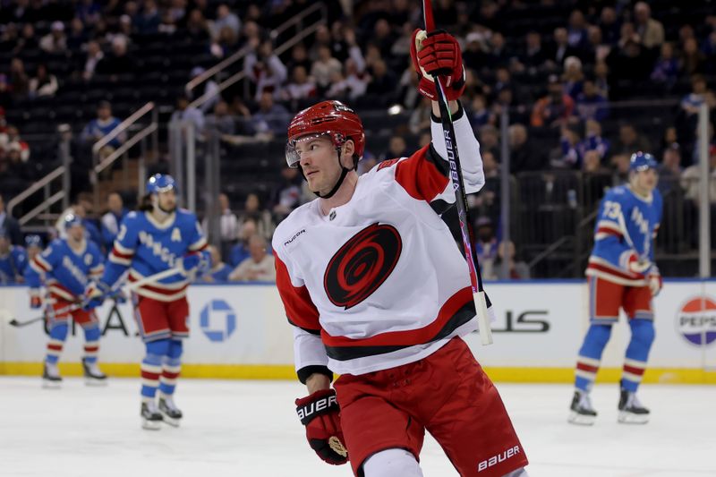 Feb 5, 2026; New York, New York, USA; Carolina Hurricanes right wing Andrei Svechnikov (37) celebrates his goal against the New York Rangers during the first period at Madison Square Garden. Mandatory Credit: Brad Penner-Imagn Images