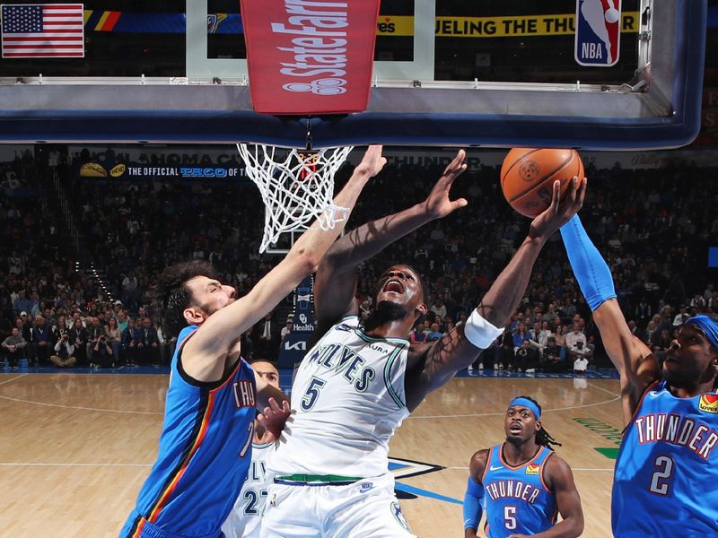 OKLAHOMA CITY, OK - JANUARY 29: Anthony Edwards #5 of the Minnesota Timberwolves drives to the basket during the game against the Oklahoma City Thunder on January 29, 2024 at Paycom Arena in Oklahoma City, Oklahoma. NOTE TO USER: User expressly acknowledges and agrees that, by downloading and or using this photograph, User is consenting to the terms and conditions of the Getty Images License Agreement. Mandatory Copyright Notice: Copyright 2024 NBAE (Photo by Zach Beeker/NBAE via Getty Images)