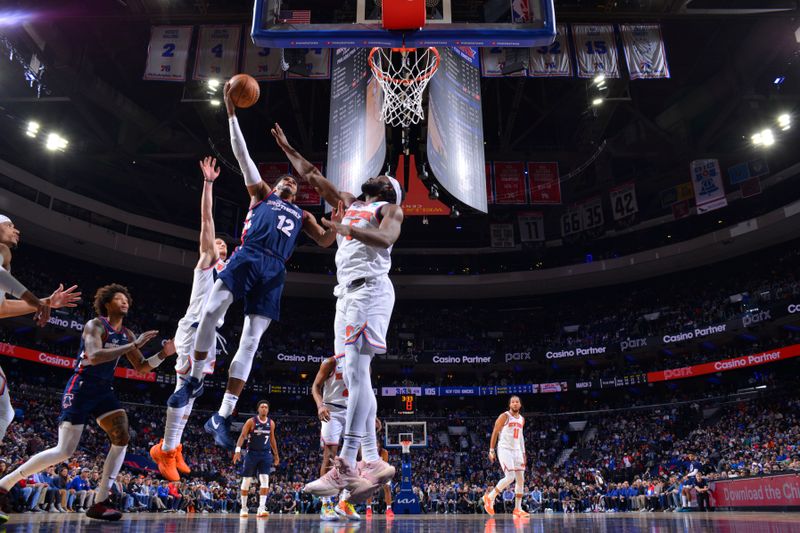 PHILADELPHIA, PA - FEBRUARY 22: Tobias Harris #12 of the Philadelphia 76ers drives to the basket during the game against the New York Knicks on February 22, 2024 at the Wells Fargo Center in Philadelphia, Pennsylvania NOTE TO USER: User expressly acknowledges and agrees that, by downloading and/or using this Photograph, user is consenting to the terms and conditions of the Getty Images License Agreement. Mandatory Copyright Notice: Copyright 2024 NBAE (Photo by Jesse D. Garrabrant/NBAE via Getty Images)