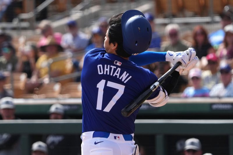 Feb 27, 2024; Phoenix, Arizona, USA; Los Angeles Dodgers designated hitter Shohei Ohtani (17) swings and misses and loses his helmet during the first inning against the Chicago White Sox at Camelback Ranch-Glendale. Mandatory Credit: Joe Camporeale-USA TODAY Sports