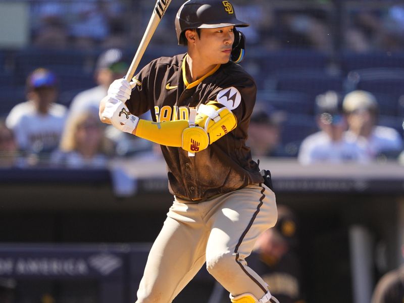 May 28, 2023; Bronx, New York, USA; San Diego Padres third baseman Ha-Seong Kim (7) at bat against the New York Yankees during the ninth inning at Yankee Stadium. Mandatory Credit: Gregory Fisher-USA TODAY Sports