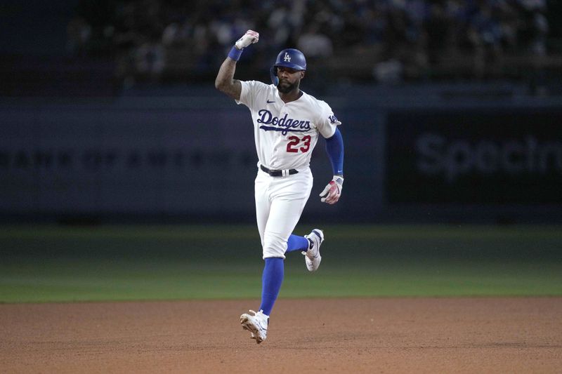 Aug 29, 2023; Los Angeles, California, USA; Los Angeles Dodgers right fielder Jason Heyward (23) celebrates after hitting a two-run home run in the third inning against the Arizona Diamondbacks at Dodger Stadium. Mandatory Credit: Kirby Lee-USA TODAY Sports