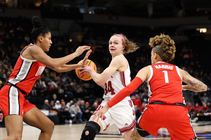 Mar 4, 2023; Minneapolis, MINN, USA; Indiana Hoosiers guard Grace Berger (34) looks to pass against the Ohio State Buckeyes during the second half at Target Center. Mandatory Credit: Matt Krohn-USA TODAY Sports