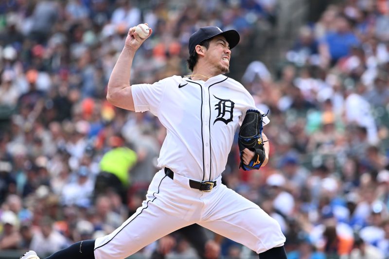 Jul 14, 2024; Detroit, Michigan, USA;  Detroit Tigers pitcher Kenta Maeda (18) throws a pitch against the Los Angeles Dodgers in the sixth inning at Comerica Park. Mandatory Credit: Lon Horwedel-USA TODAY Sports