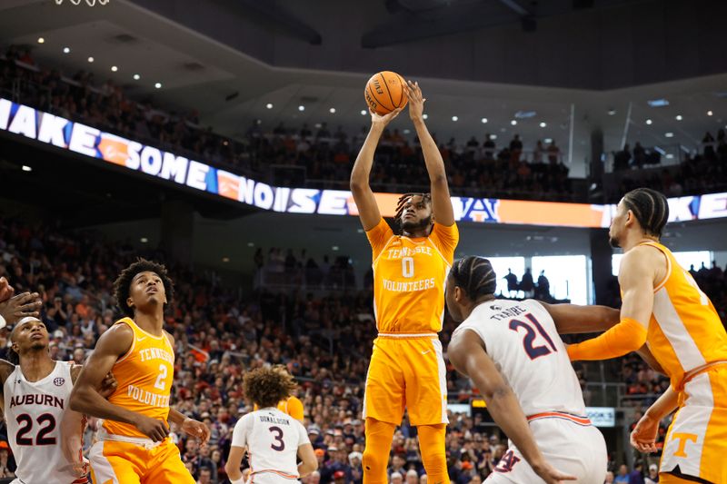 Mar 4, 2023; Auburn, Alabama, USA;  Tennessee Volunteers forward Jonagainst Aidoo (0) shoots the ball against the Auburn Tigers during the first half at Neville Arena. Mandatory Credit: John Reed-USA TODAY Sports