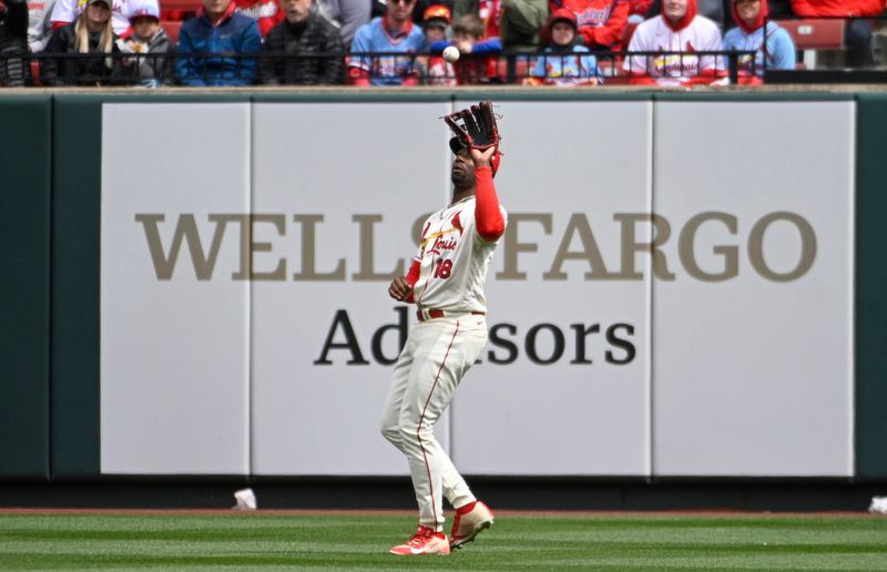 Apr 1, 2023; St. Louis, Missouri, USA; St. Louis Cardinals right fielder Jordan Walker (18) catches a fly ball by Toronto Blue Jays right fielder George Springer (4) (not pictured) in the first inning at Busch Stadium. Mandatory Credit: Joe Puetz-USA TODAY Sports