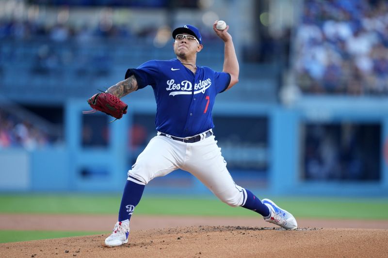 Jul 25, 2023; Los Angeles, California, USA; Los Angeles Dodgers starting pitcher Julio Urias (7) throws in the first inning against the Toronto Blue Jays at Dodger Stadium. Mandatory Credit: Kirby Lee-USA TODAY Sports