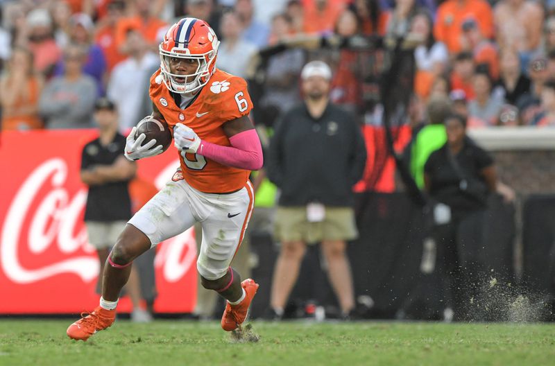 Oct 7, 2023; Clemson, South Carolina, USA; Clemson Tigers receiver Tyler Brown (6) runs after a catch against the Wake Forest Demon Deacons during the fourth quarter at Memorial Stadium. Mandatory Credit: Ken Ruinard-USA TODAY Sports