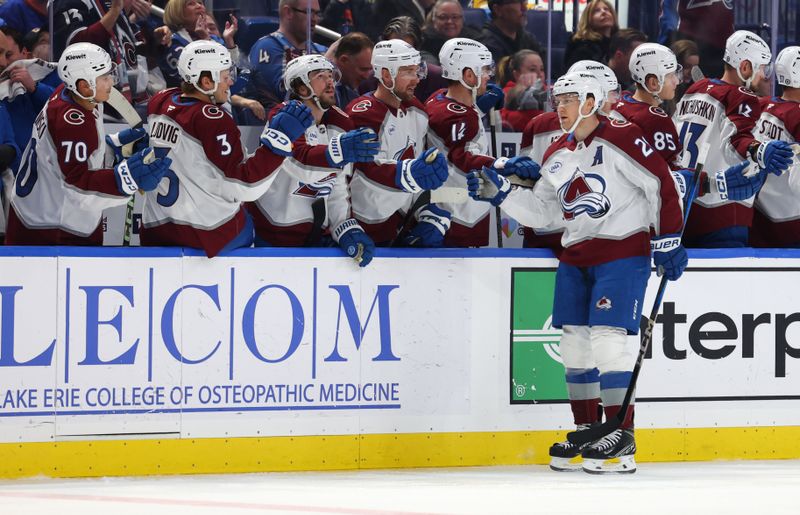 Dec 3, 2024; Buffalo, New York, USA;  Colorado Avalanche center Nathan MacKinnon (29) celebrates his goal with teammates during the second period against the Buffalo Sabres at KeyBank Center. Mandatory Credit: Timothy T. Ludwig-Imagn Images