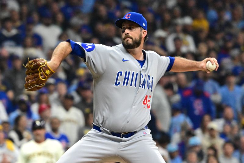 Oct 11, 2025; Milwaukee, Wisconsin, USA; Chicago Cubs pitcher Drew Pomeranz (45) pitches against the Milwaukee Brewers in the first inning during game five of the NLDS round for the 2025 MLB playoffs at American Family Field. Mandatory Credit: Benny Sieu-Imagn Images