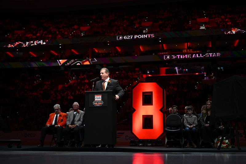 Jan 27, 2024; Philadelphia, Pennsylvania, USA; Philadelphia Flyers former player Mark Recchi speaks during his induction ceremony into the Flyers Hall of Fame before a game against the Boston Bruins at Wells Fargo Center. Mandatory Credit: Kyle Ross-USA TODAY Sports