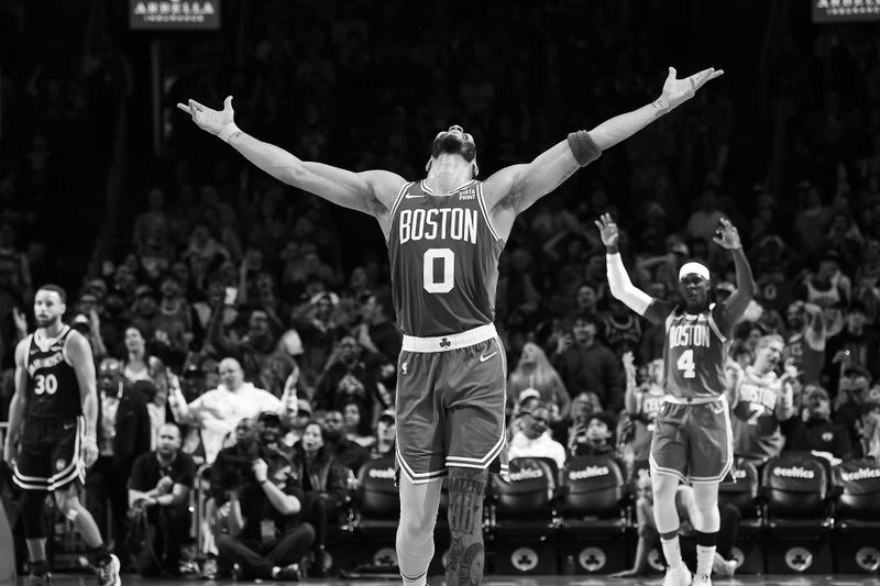 BOSTON, MA - MARCH 3:(EDITOR'S NOTE: Image has been converted to black and white) Jayson Tatum #0 of the Boston Celtics celebrates during the game against the Golden State Warriors on March 3, 2024 at the TD Garden in Boston, Massachusetts. NOTE TO USER: User expressly acknowledges and agrees that, by downloading and or using this photograph, User is consenting to the terms and conditions of the Getty Images License Agreement. Mandatory Copyright Notice: Copyright 2024 NBAE  (Photo by Brian Babineau/NBAE via Getty Images)