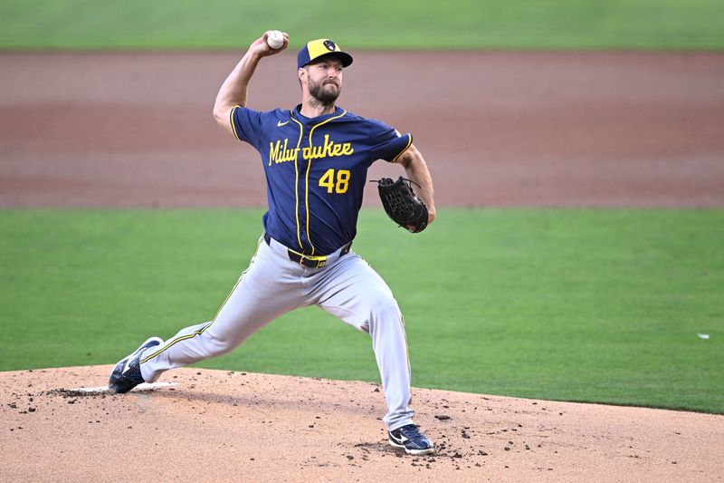 Jun 21, 2024; San Diego, California, USA; Milwaukee Brewers starting pitcher Colin Rea (48) pitches against the San Diego Padres during the first inning at Petco Park. Mandatory Credit: Orlando Ramirez-USA TODAY Sports