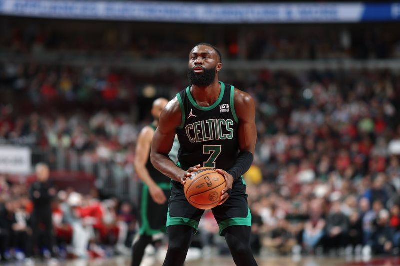 CHICAGO, IL - FEBRUARY 22: Jaylen Brown #7 of the Boston Celtics prepares to shoot a free throw during the game against the Chicago Bulls on February 22, 2024 at United Center in Chicago, Illinois. NOTE TO USER: User expressly acknowledges and agrees that, by downloading and or using this photograph, User is consenting to the terms and conditions of the Getty Images License Agreement. Mandatory Copyright Notice: Copyright 2024 NBAE (Photo by Jeff Haynes/NBAE via Getty Images)