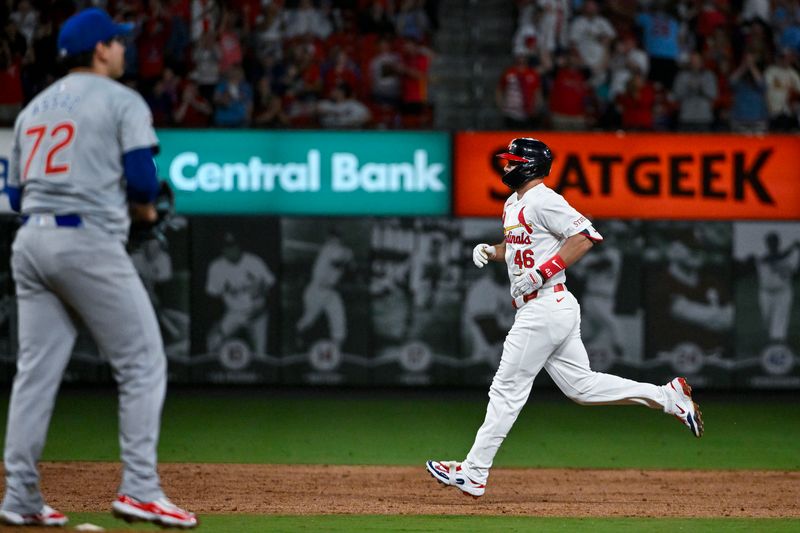 May 26, 2024; St. Louis, Missouri, USA;  St. Louis Cardinals first baseman Paul Goldschmidt (46) runs the bases after hitting a two run home run off of Chicago Cubs starting pitcher Javier Assad (72) during the third inning at Busch Stadium. Mandatory Credit: Jeff Curry-USA TODAY Sports