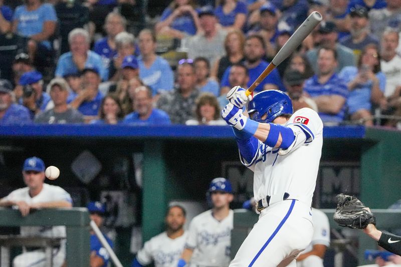 Sep 16, 2024; Kansas City, Missouri, USA; Kansas City Royals shortstop Bobby Witt Jr. (7) hits a one run single against the Detroit Tigers at Kauffman Stadium. Mandatory Credit: Denny Medley-Imagn Images